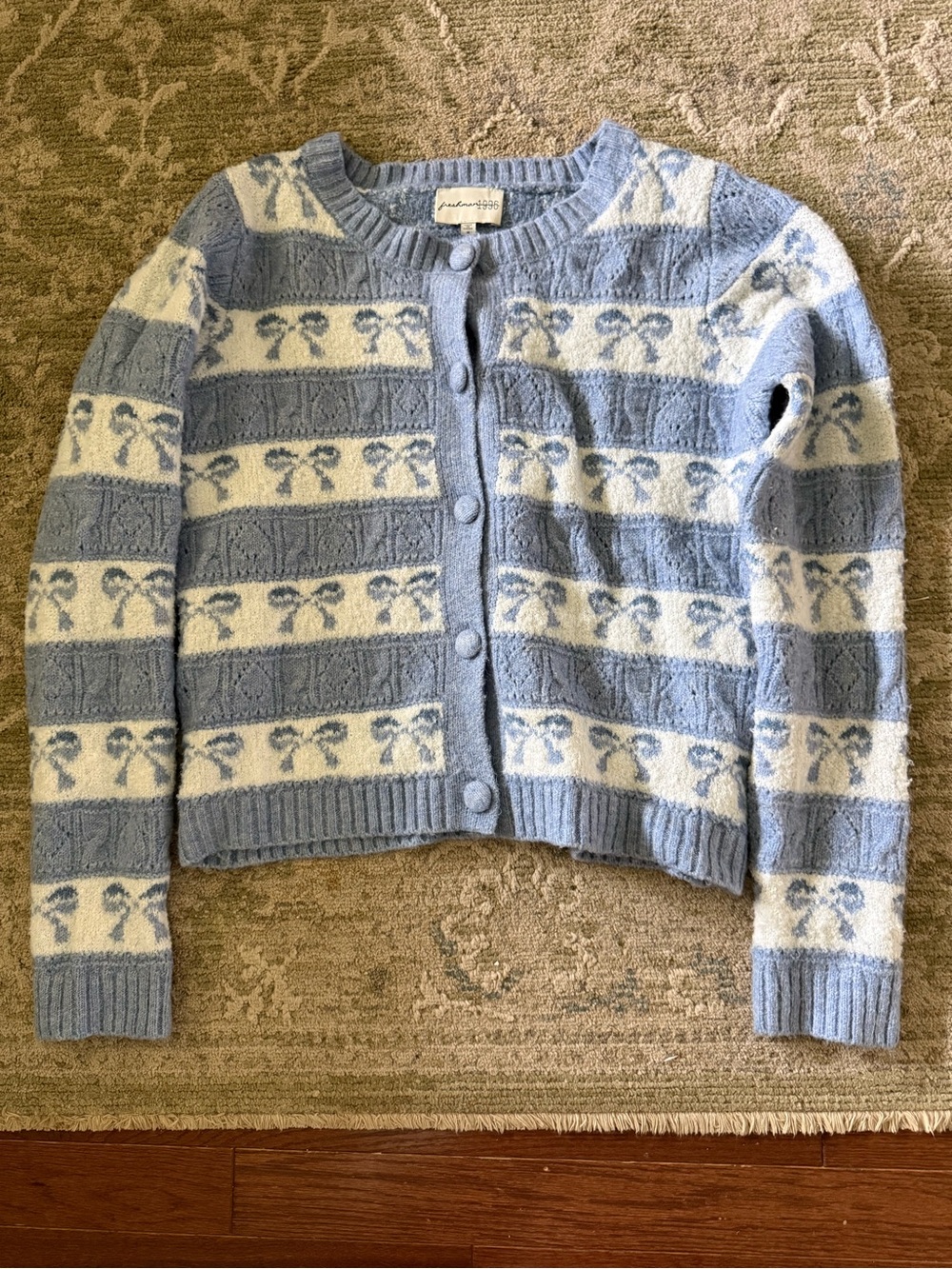 Blue and White Bow-Pattern Knit Cardigan Sweater